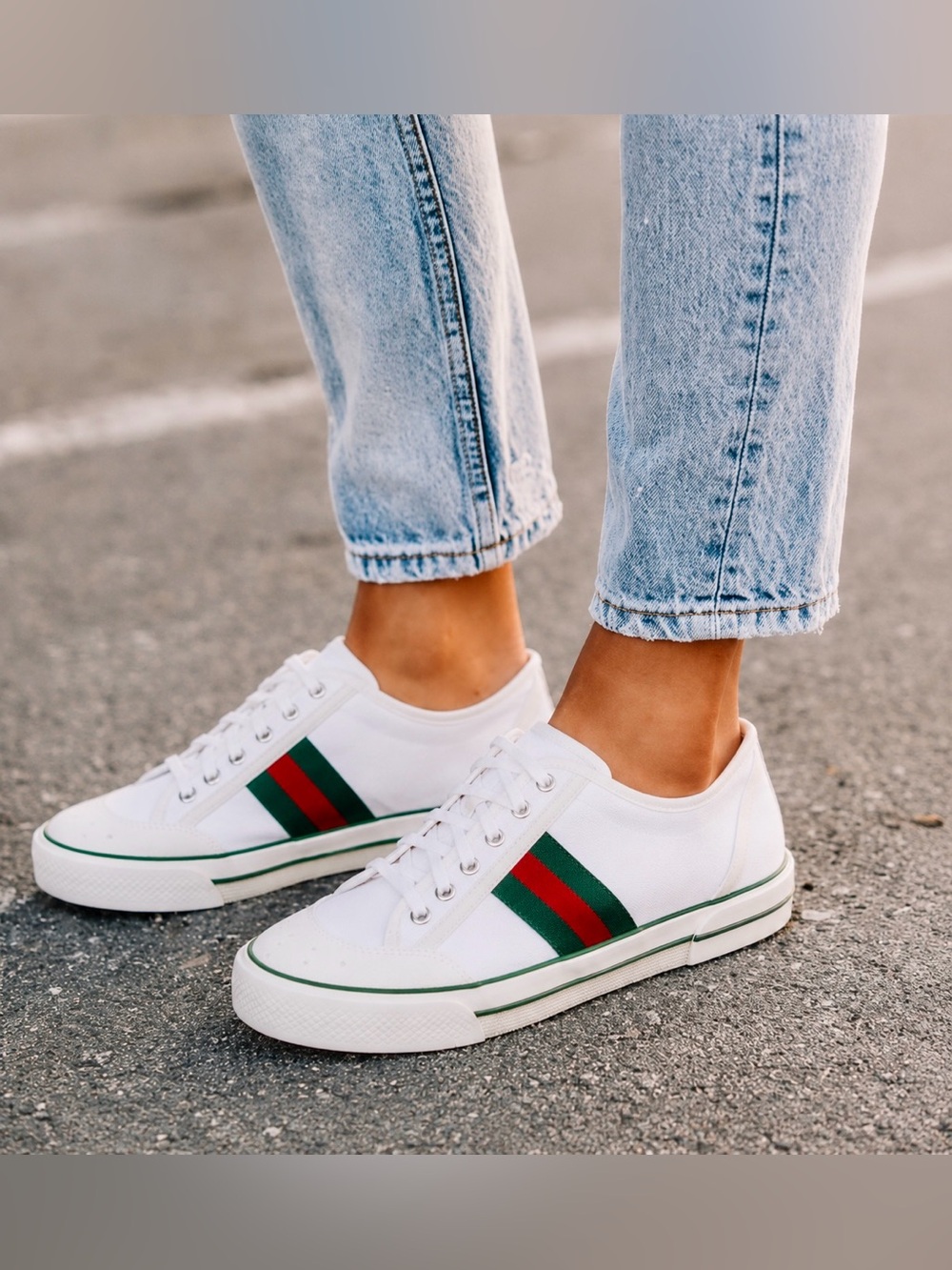 NWT Gucci GG Logo Canvas Striped Tennis 1977 Lace Up Trainers Tennis Shoes